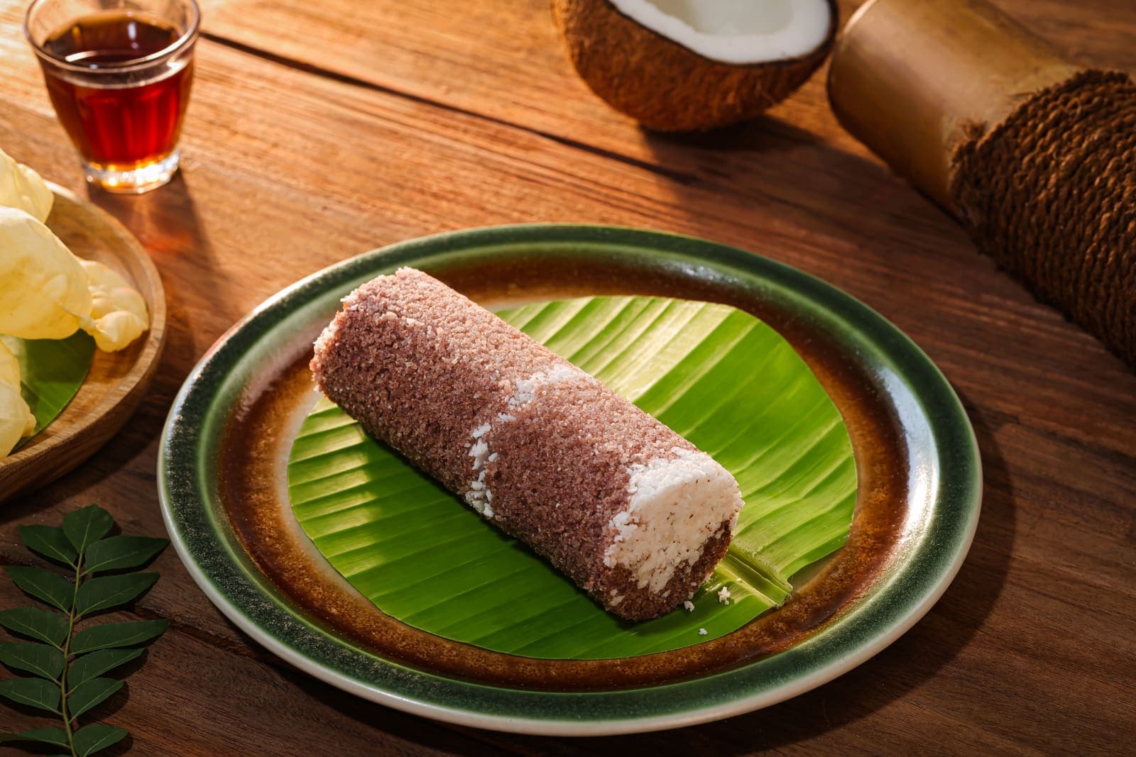 A chemba puttu on a banana leaf, rosy-brown red rice ringed with bands of white coconut