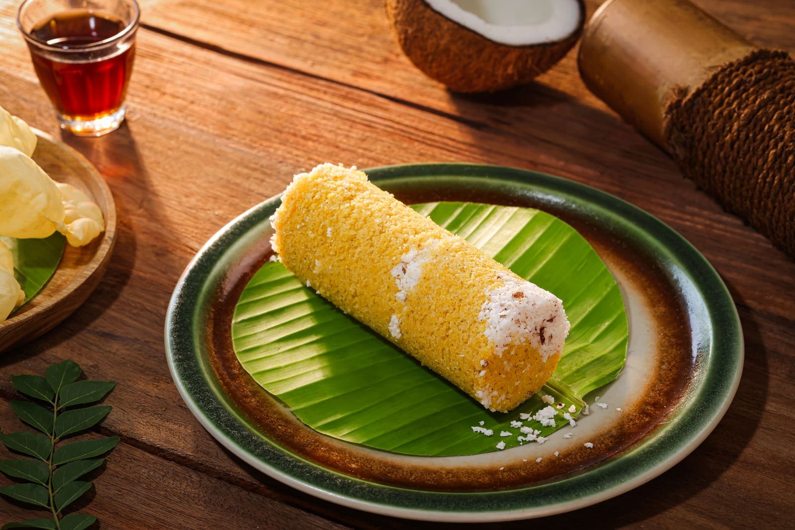 A golden cholam puttu on a banana leaf with grated coconut