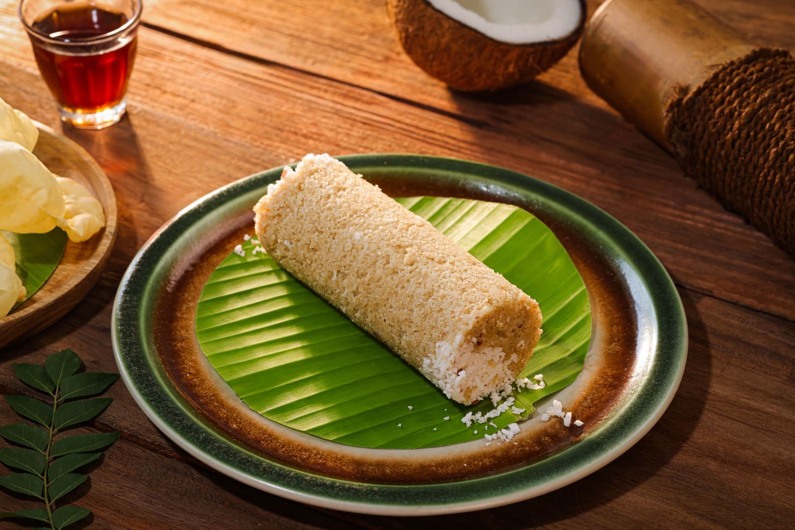A pale golden wheat puttu on a banana leaf, grated coconut spilling from its end